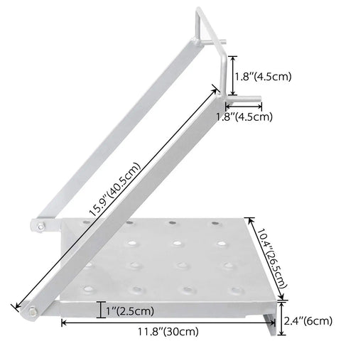 Side view of Heavy Duty Ladder Platform Tray And Work Stand Holds 400 Pounds showing dimensions and perforated surface for stability.