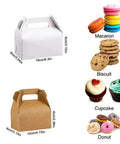 Comparison of gift boxes with macarons, biscuits, cupcakes, and donuts, showcasing 60 Pack Kraft Paper Gift Boxes Set For Grab And Go Packaging And Gift Giving, Perfect For Weddings Parties Birthdays Favors And Small Biz Supplies, Brown 16x9x8 Cm, Space Saving Sturdy One Piece Frame Ready To Use.