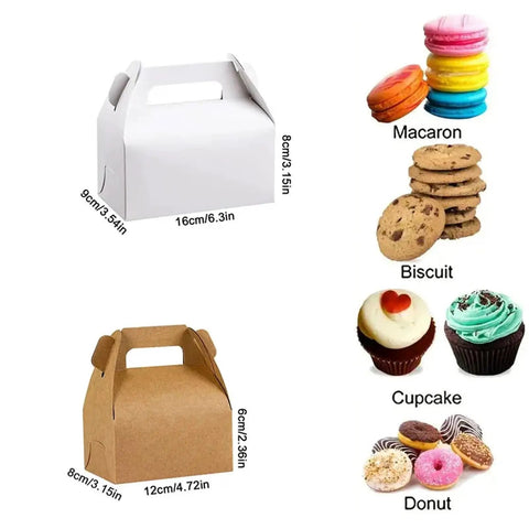 Comparison of gift boxes with macarons, biscuits, cupcakes, and donuts, showcasing 60 Pack Kraft Paper Gift Boxes Set For Grab And Go Packaging And Gift Giving, Perfect For Weddings Parties Birthdays Favors And Small Biz Supplies, Brown 16x9x8 Cm, Space Saving Sturdy One Piece Frame Ready To Use.