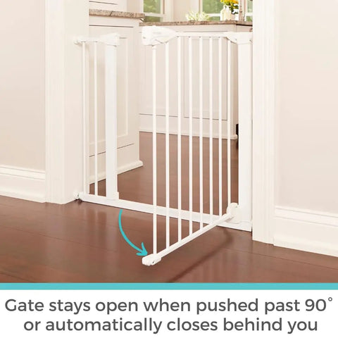 36 Inch Tall Auto Close Baby Gate With Door For Doorways Pressure Mounted Fits 29.75 To 40.5 Inch Openings White Swing Gate That Opens In Either Direction Easy One Hand Operation Kid Safe And Secure installed in doorway