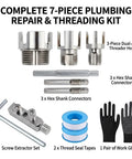 8-Piece Pipe Chamfering And Extractor Combo Set For 1/2 To 1 Inch Conduits With Heavy Duty Screw Remover Internal External Plastic Tube Threader Kit Plus Work Gloves Plumber Tapes For Smooth Fixes. 7-piece plumbing threading kit with extractor, seal tape, and gloves