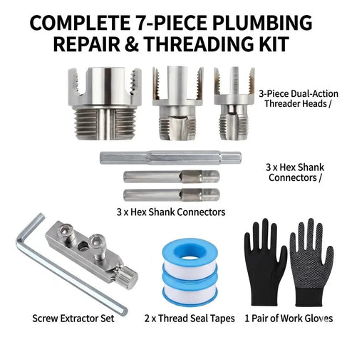 8-Piece Pipe Chamfering And Extractor Combo Set For 1/2 To 1 Inch Conduits With Heavy Duty Screw Remover Internal External Plastic Tube Threader Kit Plus Work Gloves Plumber Tapes For Smooth Fixes. 7-piece plumbing threading kit with extractor, seal tape, and gloves