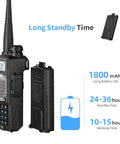 Upgraded 8W Handheld Ham Radio UV-5R 2nd Gen Two-Pack with detachable battery showcasing long standby time and durability.