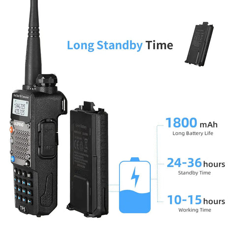 Upgraded 8W Handheld Ham Radio UV-5R 2nd Gen Two-Pack with detachable battery showcasing long standby time and durability.