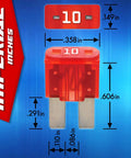 Heavy Duty 17 Piece Auto Fuse Box Kit Featuring Add A Circuit Taps Blade Fuse 10 Amp with dimensions displayed on a blue background.