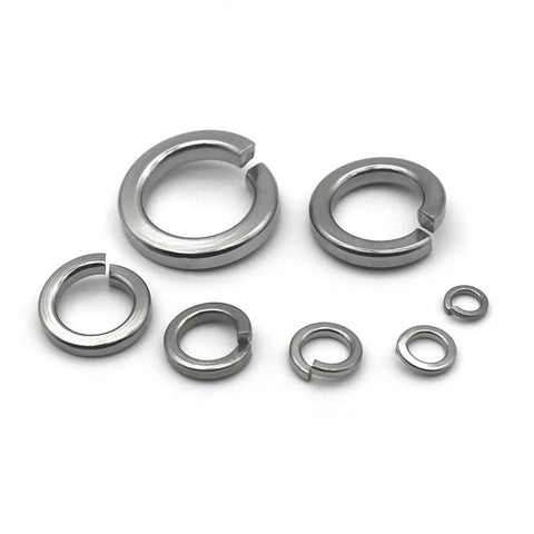 530 Piece 304 Stainless Steel Split Lock Washer Kit With M2 M3 M4 M5 M6 M8 M10 M12 Size Assortment, Heavy Duty Lock Washers That Prevent Nuts And Bolts From Loosening From Vibration, Great For Auto, Machinery, And DIY Projects. assorted 304 stainless steel split lock washers in multiple sizes