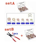 Rock Solid Assorted Worm Drive Hose Clamp Kit With 230 Pieces For Silicone Hoses And Water Pipelines That Adjust Perfectly To Fasten Pipe Joints Securely Without Any Shifting Or Leaks On All Kinds Of Air Tubes. 230-piece metal clamp set with organizer and pliers