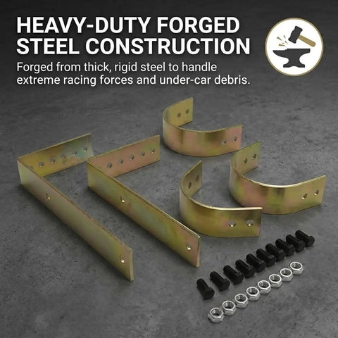 Badass Steel Driveshaft Safety Loop Kit Featuring Hella Durable Zinc Plating And No Sweat Bolt On Hardware Mounting For Sbc Bbc 350 Hot Rod and Muscle Car Rigs components displayed with heavy-duty forged steel construction.
