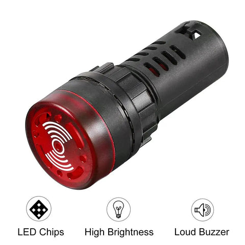 Red Indicator Light With Buzzer, 110V AC DC, 22mm Panel Mount Flashing Alarm, high brightness LED, loud alert for electrical panels.