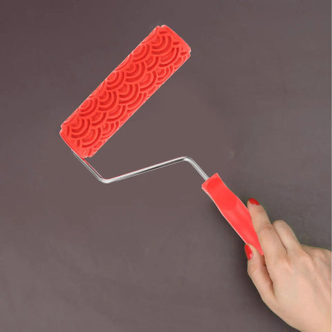 Rubber Texture Paint Roller For Easy Peasy Wall Embossing And Quick Home Reno Makeovers That Deck Out Your Space With Knockout Decorative Finishes And Zero Stress held in hand with distinct texture pattern.