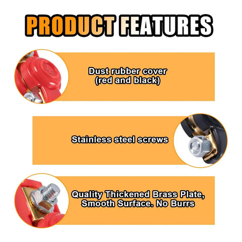 Heavy Duty Battery Terminal Connectors Featuring Slick Plastic Caps For Street Ready Corrosion Defense And Killer Conductivity On Cars Trucks Rvs And Boats with dust cover and stainless steel screws.
