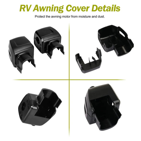 Right Arm Power RV Awning Cover And Motor End Cap Replacement Kit, Black, with ABS material, quick snap-on design, details view