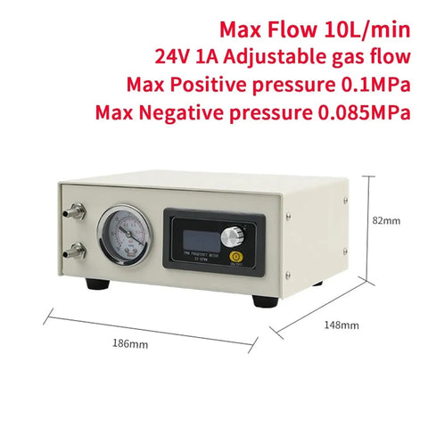 Built Tough Oil Free Diaphragm Vacuum Pump With 24V Brushless Motor Grinds Smooth With Zero Hassle Negative Pressure For Sump Upkeep And Heavy Duty Jobs Up To Ten Liters Per Minute showing control panel and gauge.