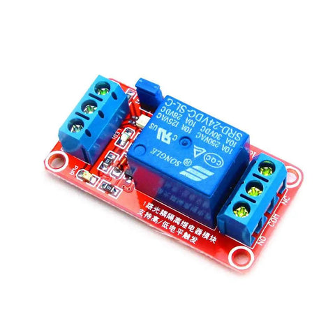 2 Pack 24V DC One Channel Relay Module With Opto Isolation High Or Low Level Trigger For Arduino Raspberry Pi And Home Automation Projects Great For DIY Electronics And Industrial Controls, blue connectors visible