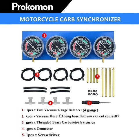Motorcycle Carburetor Synchronizer Tool Kit For Quick Diagnosis And Precise Tuning On 2 And 4 Cylinder Bikes So You Can Dial In Timing And Get Your Ride Running Clean From Misfires Leaks And Fuel Mixture Issues. 4 gauge kit with hoses, brass extensions, connectors, screwdriver