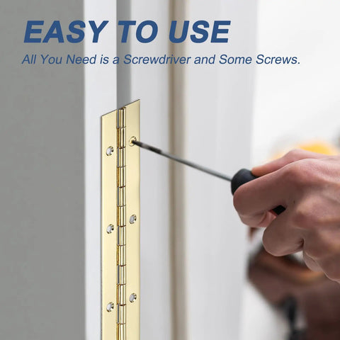 Top Shelf 10 Inch Gold Piano Hinge Pack Heavy Duty 304 Stainless Steel Continuous Hinges with a screwdriver during installation.