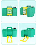 Portable Eight Gallon Eyewash Station Worksite Ready Gravity Fed Emergency Rinse With Fifteen Minute Continuous Flush Osha Compliant Wall Mount Gear For Construction Sites Labs And Garages Built Tough No Sweat, green container with yellow activator.