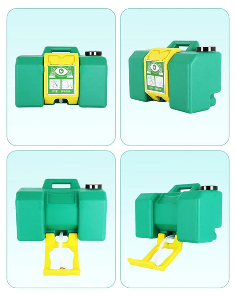 Portable Eight Gallon Eyewash Station Worksite Ready Gravity Fed Emergency Rinse With Fifteen Minute Continuous Flush Osha Compliant Wall Mount Gear For Construction Sites Labs And Garages Built Tough No Sweat, green container with yellow activator.