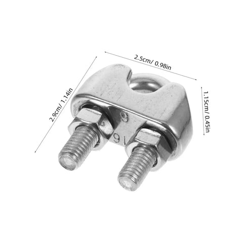 Heavy Duty Stainless Steel Wire Rope Cable Clamp U Bolt Fastener For 6mm Line close-up showing dimensions and dual bolt design.