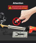 Warning sign showing 100W Plastic Welding Kit with soldering tips and temperature control in use, hand alert to heat.