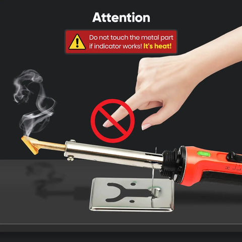 Warning sign showing 100W Plastic Welding Kit with soldering tips and temperature control in use, hand alert to heat.