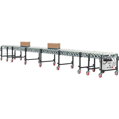Workhorse 24 Inch Powered Flexible Roller Conveyor Built Rock Solid For Friction Free Package Transport And Lightning Fast Warehouse Loading Zones With Quick Length Tweaks with boxes