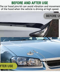 Heavy Duty Stainless Steel Car Hood Pins Kit With Quick Release Lock Latch shown before and after installation