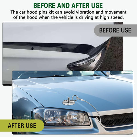Heavy Duty Stainless Steel Car Hood Pins Kit With Quick Release Lock Latch shown before and after installation