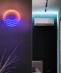 Tropical Sunset Sea LED Neon Sign 12x12 Inches Handmade Wall Decor USB Powered Night Light in living room with red glow and sturdy acrylic.