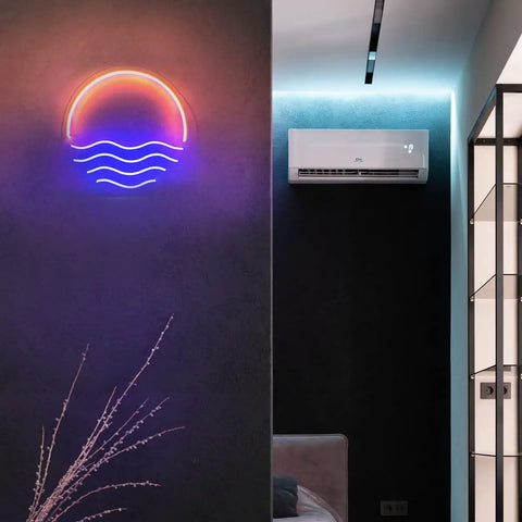Tropical Sunset Sea LED Neon Sign 12x12 Inches Handmade Wall Decor USB Powered Night Light in living room with red glow and sturdy acrylic.