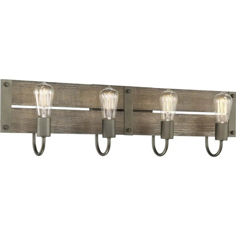 Winchester 4-Light Wall Sconce In Bronze And Aged Wood Finish, Industrial Style Vanity Lighting, 32.13W x 8.63H, Model 60-6430