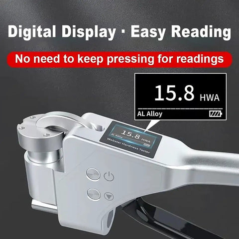 Digital Hardness Tester 6 In 1 Handheld Metal Gauge With Bright LCD Screen displays 15.8 HWA for AL Alloy measurements.