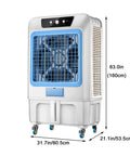 Top Shelf 63 Inch Portable Evaporative Air Cooler With Massive Water Tank For Patios Garages And Decks Pulls Hot Air Out For Crisp Zone Chill Wherever You Kick Back, 63" tall, white with blue accents.