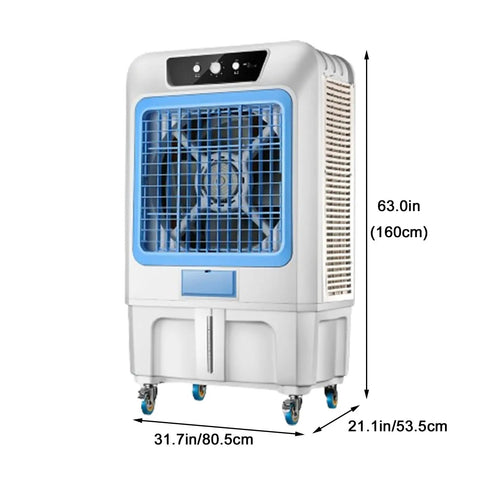 Top Shelf 63 Inch Portable Evaporative Air Cooler With Massive Water Tank For Patios Garages And Decks Pulls Hot Air Out For Crisp Zone Chill Wherever You Kick Back, 63" tall, white with blue accents.