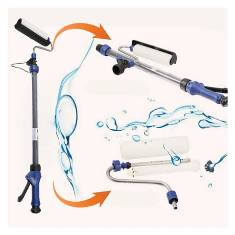 Hella Adjustable Telescopic Paint Roller With Extended Pole For Seamless Wall And Ceiling Coating Zero Pressure Primer And Latex Paint Job Professional Grade Tool with blue and gray design, water splashes in background.