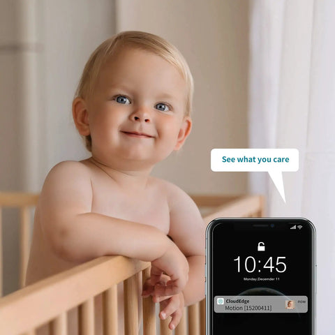 Baby in crib with phone app notification, showcasing Plug In 3MP Indoor Security Camera With 360 Degree View, 2.4G WiFi.