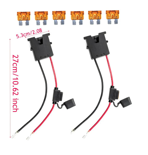 Heavy Duty 12 Gauge Wire Harness Connector Replacement With Fuses For 12V Power Wheels Battery Pack 2 Pack Provides Double Protection And Easy Plug And Play Installation, showing two harnesses and fuses