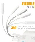 Clip On Book Light With Seven LEDs And Nine Color Temperature Modes Warm White Cool White Daylight Eye Care Lamp shown with flexible neck.