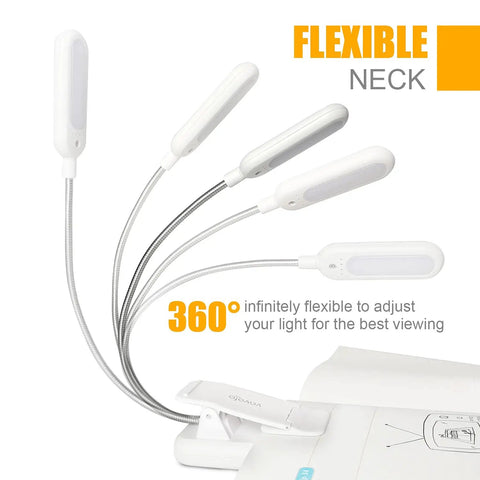 Clip On Book Light With Seven LEDs And Nine Color Temperature Modes Warm White Cool White Daylight Eye Care Lamp shown with flexible neck.
