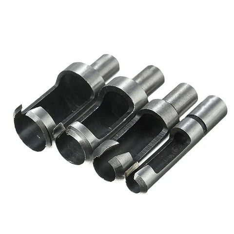 Premium Carpenter Grade 8 Piece Titanium Coated Wood Plug Cutter Drill Bit Set showing tapered claw blades and shanks.