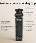Multifunction Wireless Shooting Grip With Adjustable Selfie Stick And Integrated Remote, Vlogging Kit with labeled features.