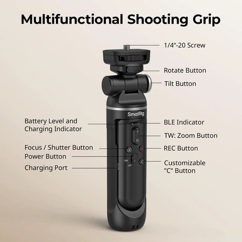 Multifunction Wireless Shooting Grip With Adjustable Selfie Stick And Integrated Remote, Vlogging Kit with labeled features.