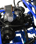 Close-up of the engine of Gokart GK110 125cc Gas Powered Auto With Reverse Two Seater For Kids And Teens, showing blue frame