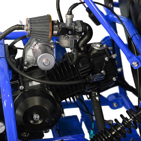 Close-up of the engine of Gokart GK110 125cc Gas Powered Auto With Reverse Two Seater For Kids And Teens, showing blue frame