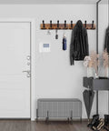 Wall Mount 31.5 Inch Coat Rack In Rustic Burnt Brown Pine, Eight Aluminum Triple Hooks, Heavy Duty Coat Hat Cloth Organizer in entrance