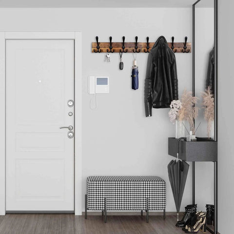 Wall Mount 31.5 Inch Coat Rack In Rustic Burnt Brown Pine, Eight Aluminum Triple Hooks, Heavy Duty Coat Hat Cloth Organizer in entrance