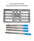 Tough As Nails Stainless Steel Lawn Leveling Rake With Adjustable Length for Gardens Yards Farms Lawns Golf Courses And Football Fields, four-section design with blue handles.
