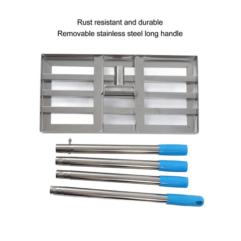Tough As Nails Stainless Steel Lawn Leveling Rake With Adjustable Length for Gardens Yards Farms Lawns Golf Courses And Football Fields, four-section design with blue handles.