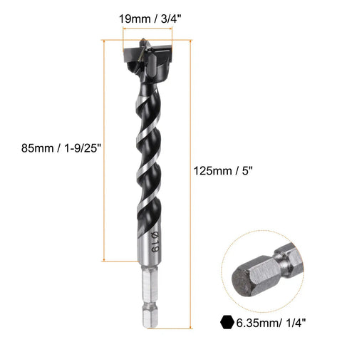 Premium Tungsten Carbide Forstner Drill Bit 3/4 Inch Hex Shank showing dimensions and hex shank detail for woodworking.
