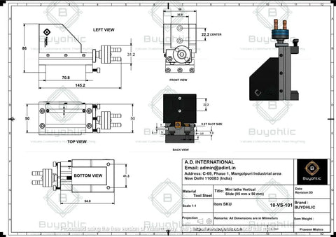 Technical drawing of Mini Vertical Slide 90mm By 50mm For Quick Lathe Milling On Cross Slide with multiple views and measurements